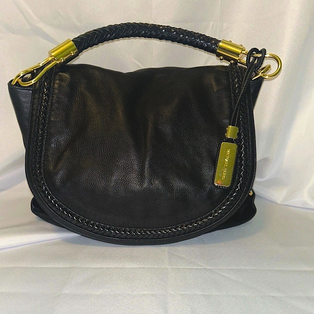 Michael Kors Collection Skorpios Flap Shoulder Bag Handbag Black Leather Braided